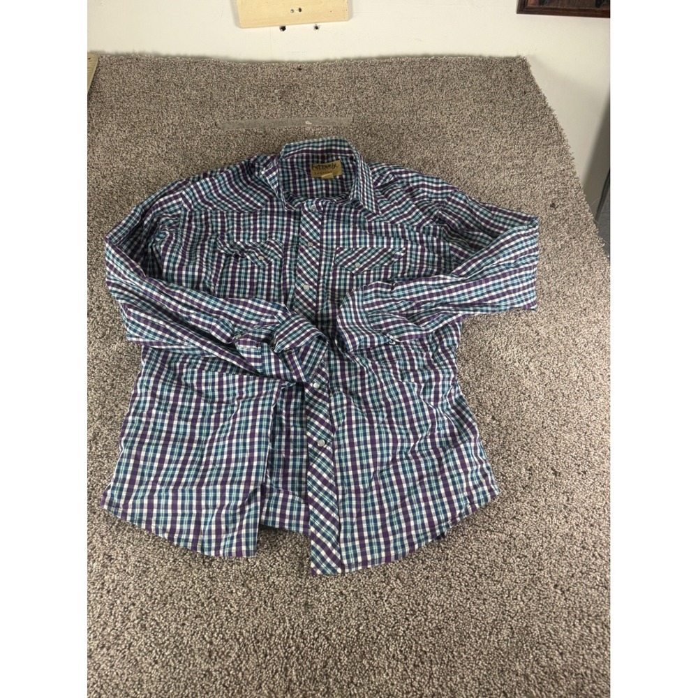 Cowboy Legend Mens XXL Purple Teal Plaid Western Pearl Cotton Shirt Long Slv